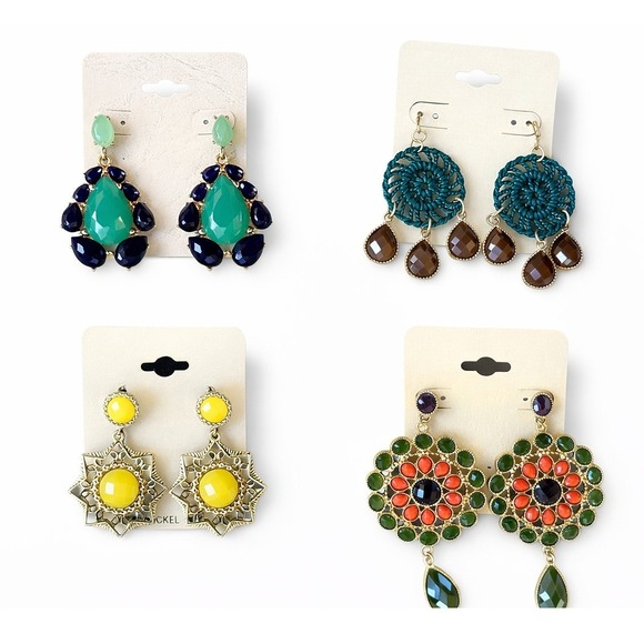 Mixed Brands Jewelry - Lot of 4 Statement Drop/Dangle Earrings – Colorful Gem & Filigree (Gold Tone)